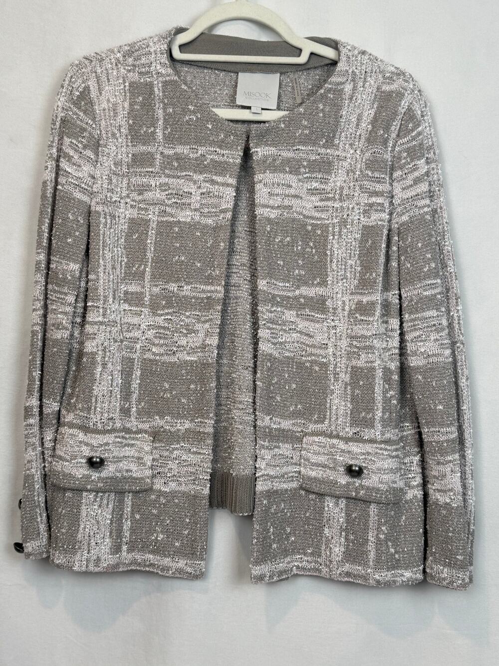 Misook Collection Womens L Silver Gray Open Front Knit Jacket Cardigan Blazer